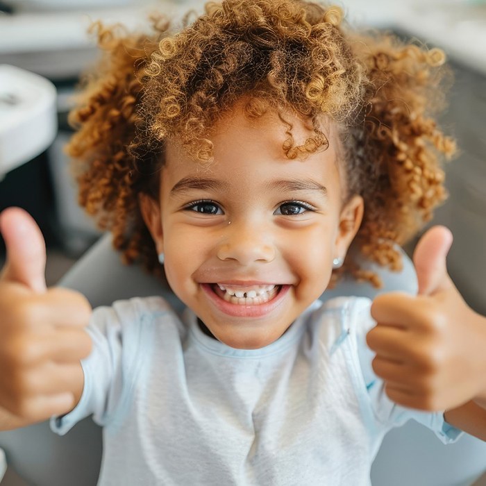 Little girl giving two thumbs up at the dentist’s office