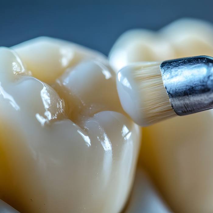 Up-close view of dental sealants being applied to teeth