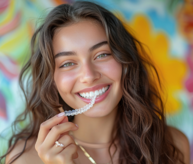 Girl smiling with clear aligner in her hand